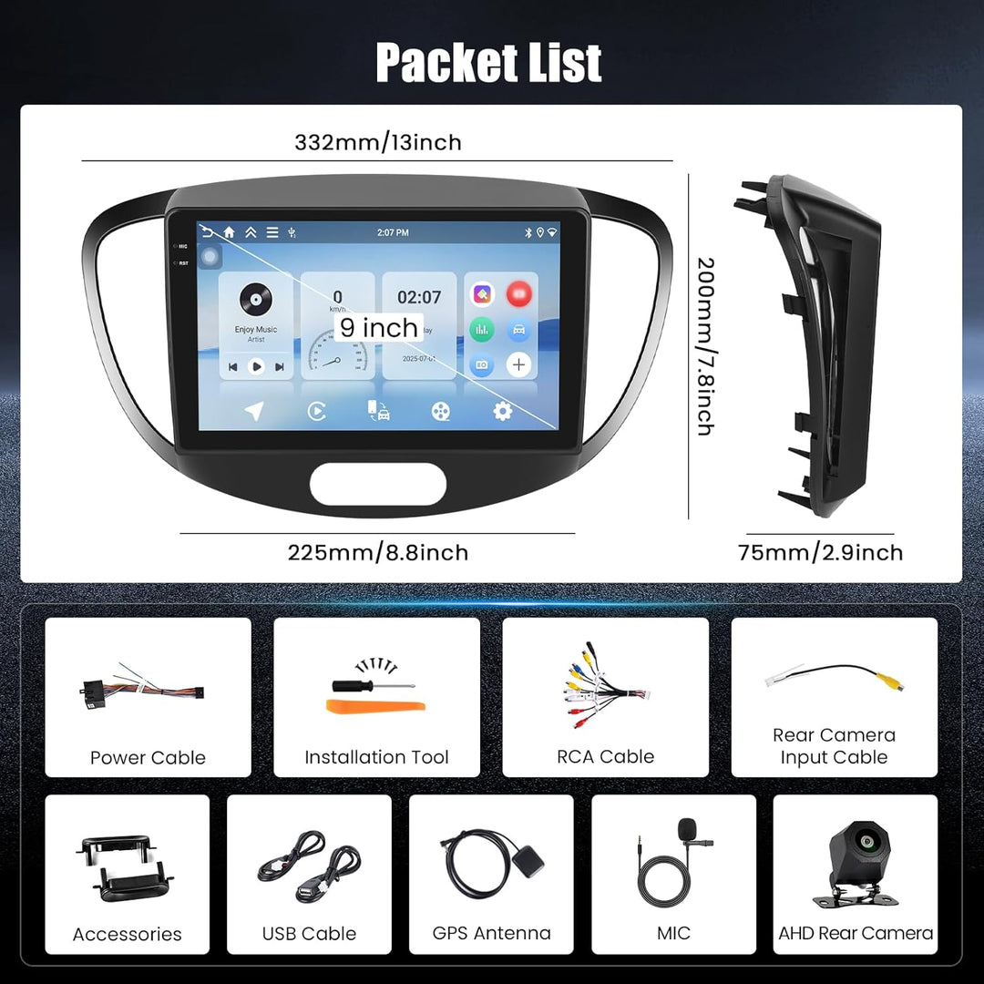 Hikity 4+128G Android 15 Autoradio für Hyundai I10 2007-2013, 9" Bildschirmradio mit Wireless CarPla