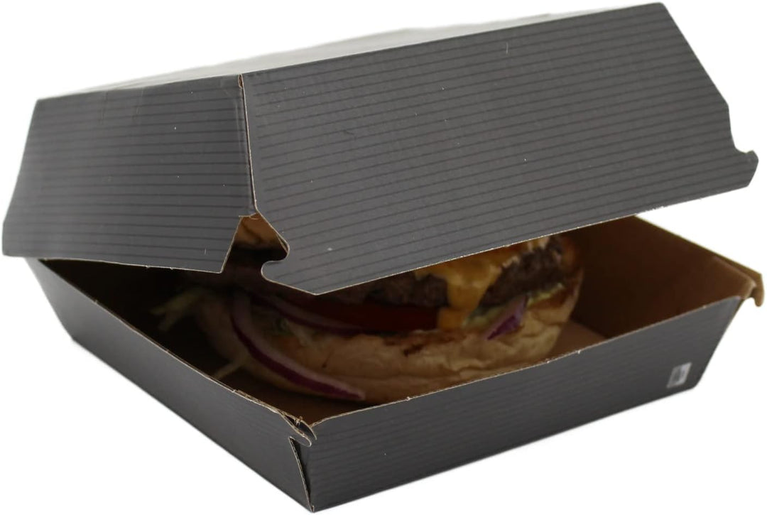 100 Hamburgerboxen Burgerboxen Take-Away Boxen, Schwarz aus Wellpappe, 13x13x7,5cm, EXTRA STABIL