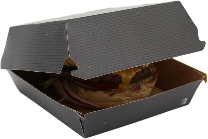 100 Hamburgerboxen Burgerboxen Take-Away Boxen, Schwarz aus Wellpappe, 13x13x7,5cm, EXTRA STABIL