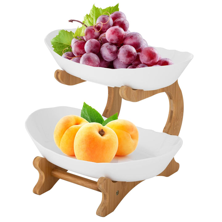 Obst Etagere mit 2 Etagen, Offener Obstschale für Leichten Zugang, Bambus Obstkorb Etagere mit Schal