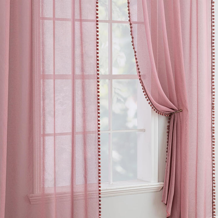 MIULEE Voile Gardine Pompons Stangendurchzug 2er Set B140 H145 Altrosa | Luftige Voile-Gardine mit P