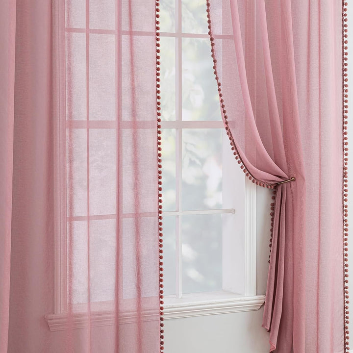 MIULEE Gardinen mit Pompons-Hübsche Altrosa Transparent Gardinen für Kinderzimmer Mädchen, 2 Stücke