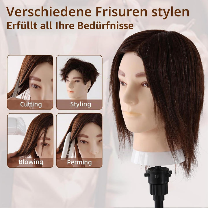 Mann Frisierkopf 100% Echthaar, Frisurenkopf Männlicher Haarschnitt Übungskopf mit Haar, Friseur Kop