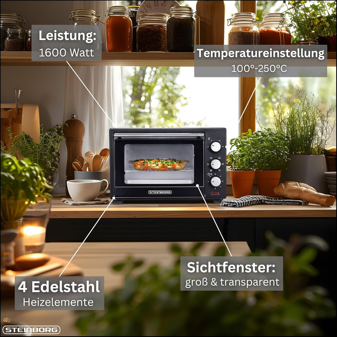 Steinborg® 25 Liter Mini Backofen mit Umluft Pizza Ofen inkl. Backblech und Grillrost Miniofen 60 Mi