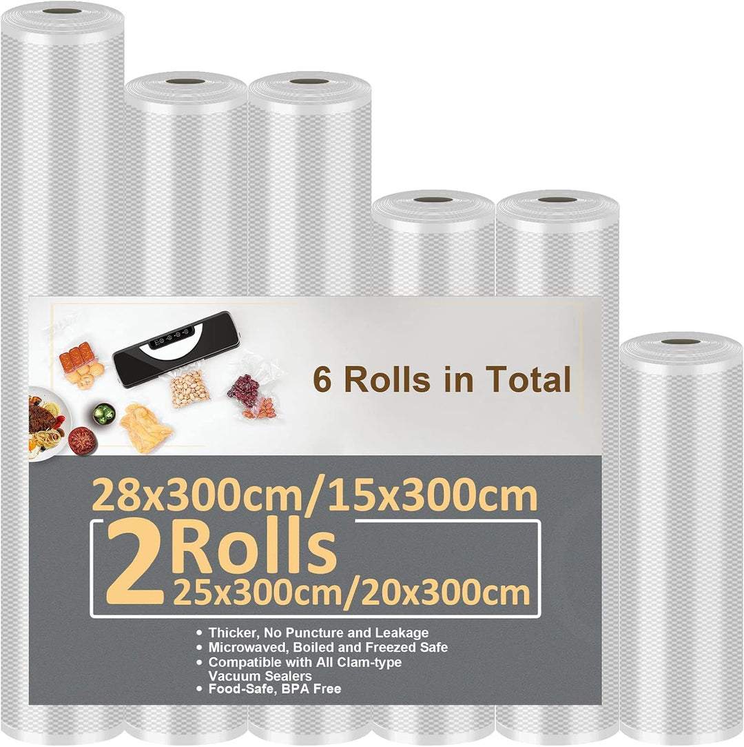 Vakuumierbeutel 6 Rollen Vakuumierfolie 15/20/20/25/25/28x300cm(18m), Profi-Folienrollen Vakuumierer