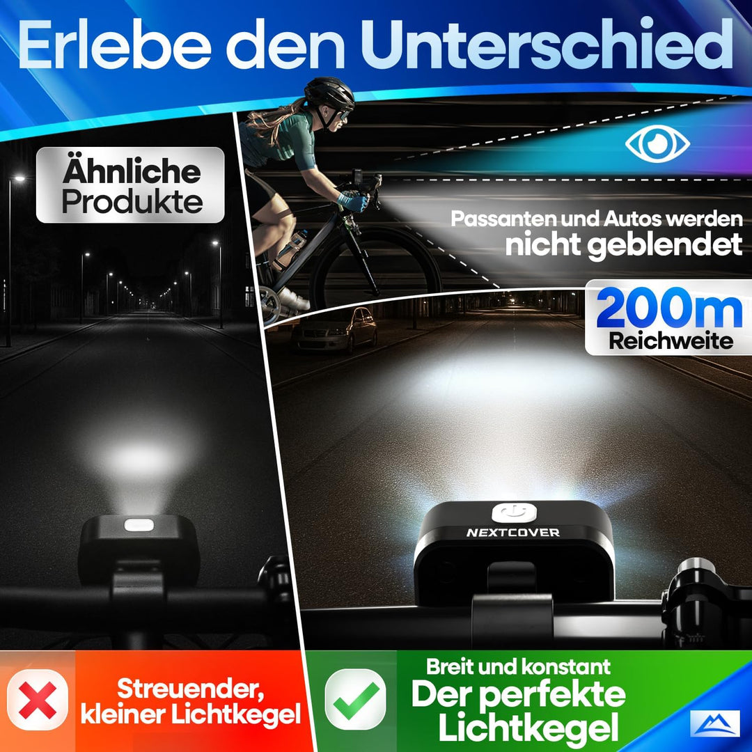 NEXTCOVER® Fahrradlicht Set mit [VisionOne] I LED Set USB-C aufladbar & wasserdicht I StVZO zugelass