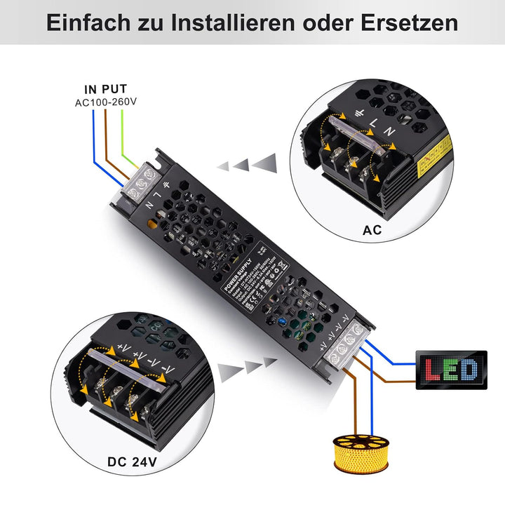 REYLAX LED Trafo 24V 150W, Flach Trafo 230V auf 24V 6.25A, LED Netzteil 24V DC Niedervolttrafo, Kons