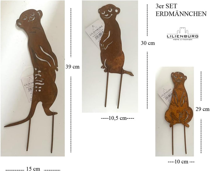 LB H&F Lilienburg Erdmännchen Familie Roststecker Gartenfigur Gartendeko Familie 3er Set Gartensteck