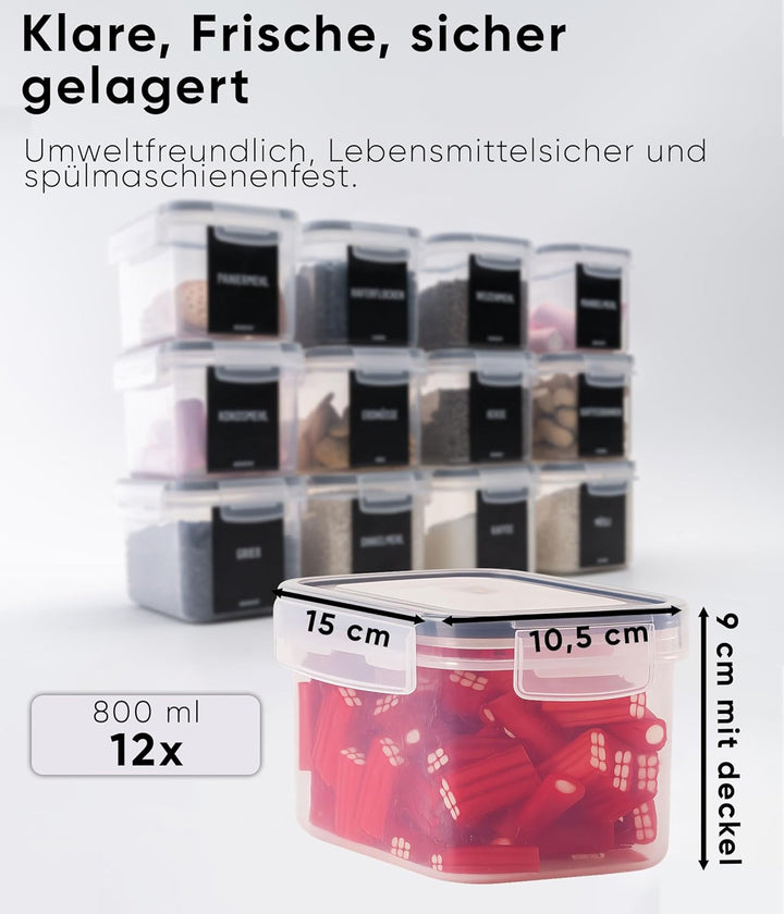 Deco haus® Vorratsdosen mit Deckel Luftdicht [inkl. VORRATSETIKETTEN] - 12er Vorratsbehälter Set - A