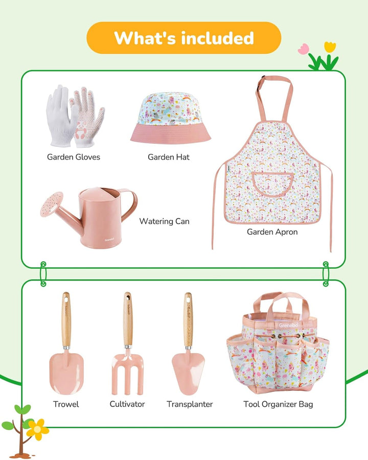 Grenebo-Gartenspielzeug für Kinder, inklusive Metallkelle, Pflanzschaufel, Gartenhut, Rechen, Schürz