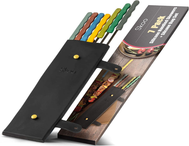 Skoo Barbecue Spiesse Set - 7 Grillspiesse aus Edelstahl mit Silikongriff + Silikon-Aufbewahrungstas