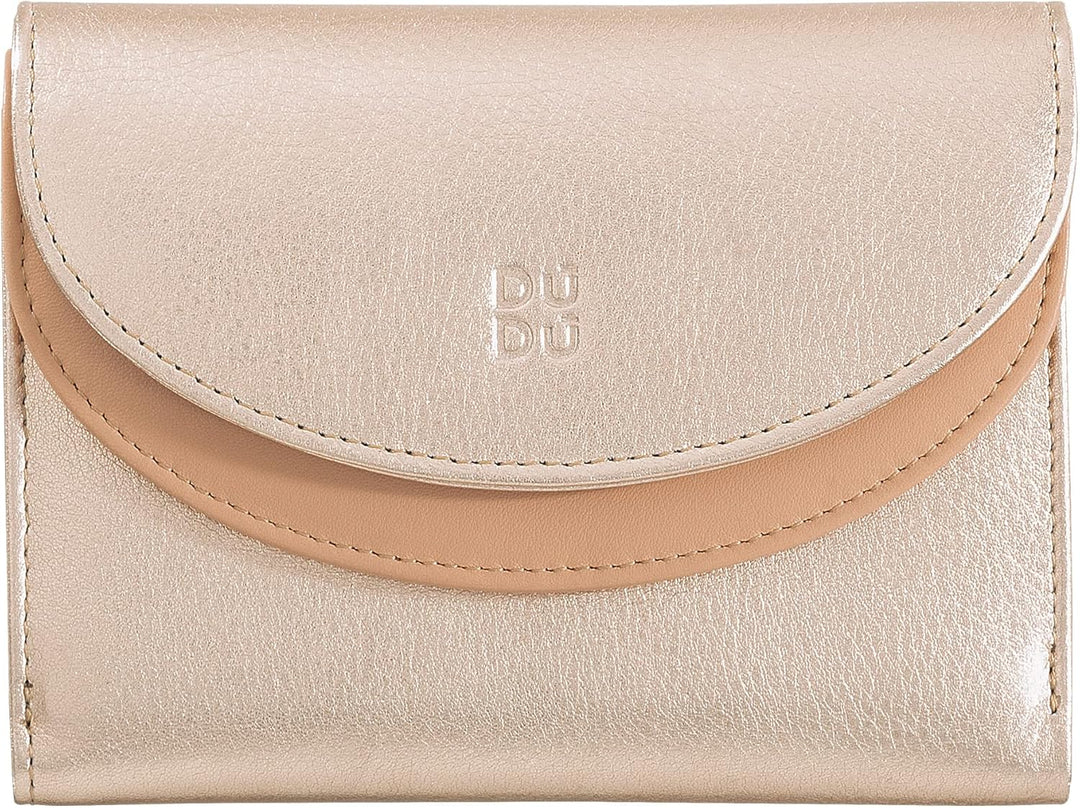 DUDU Damen-Gedldbörse Echtleder RFID mit Münzfach. Portamonnaie Farbig mit Doppelklappe Kreditkarten