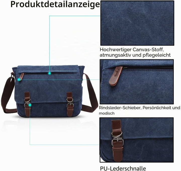 FANDARE Retro Umhängetasche Segeltuch Schultertasche Herren Damen Lehrertasche Briefträgertasche für