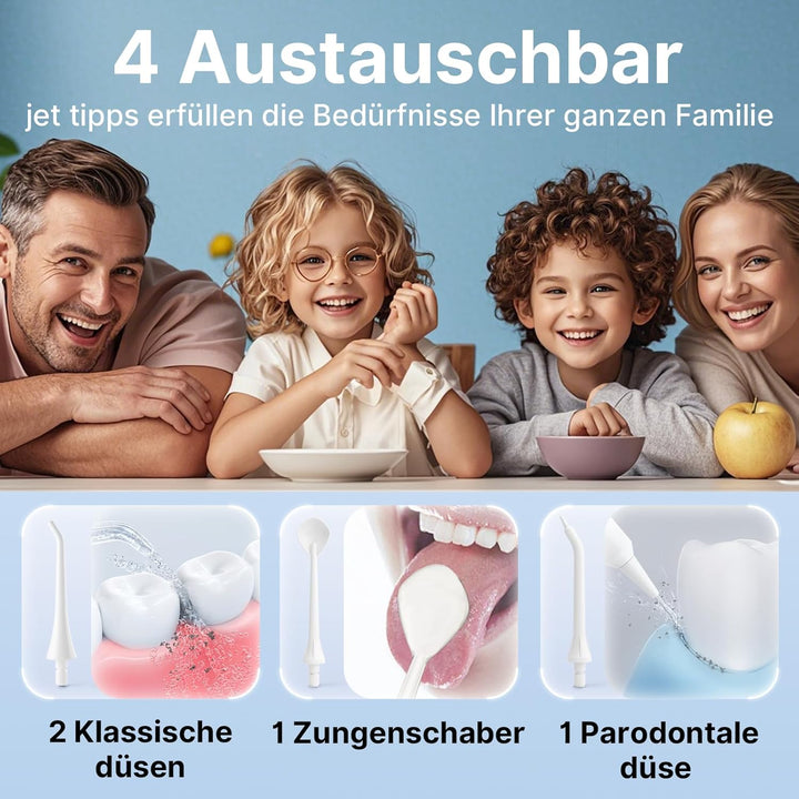TUREWELL Munddusche Kabellos, Elektrische Zahnreiniger mit 5 Modi, 4 Düsen, 310ML Wassertank & IPX7