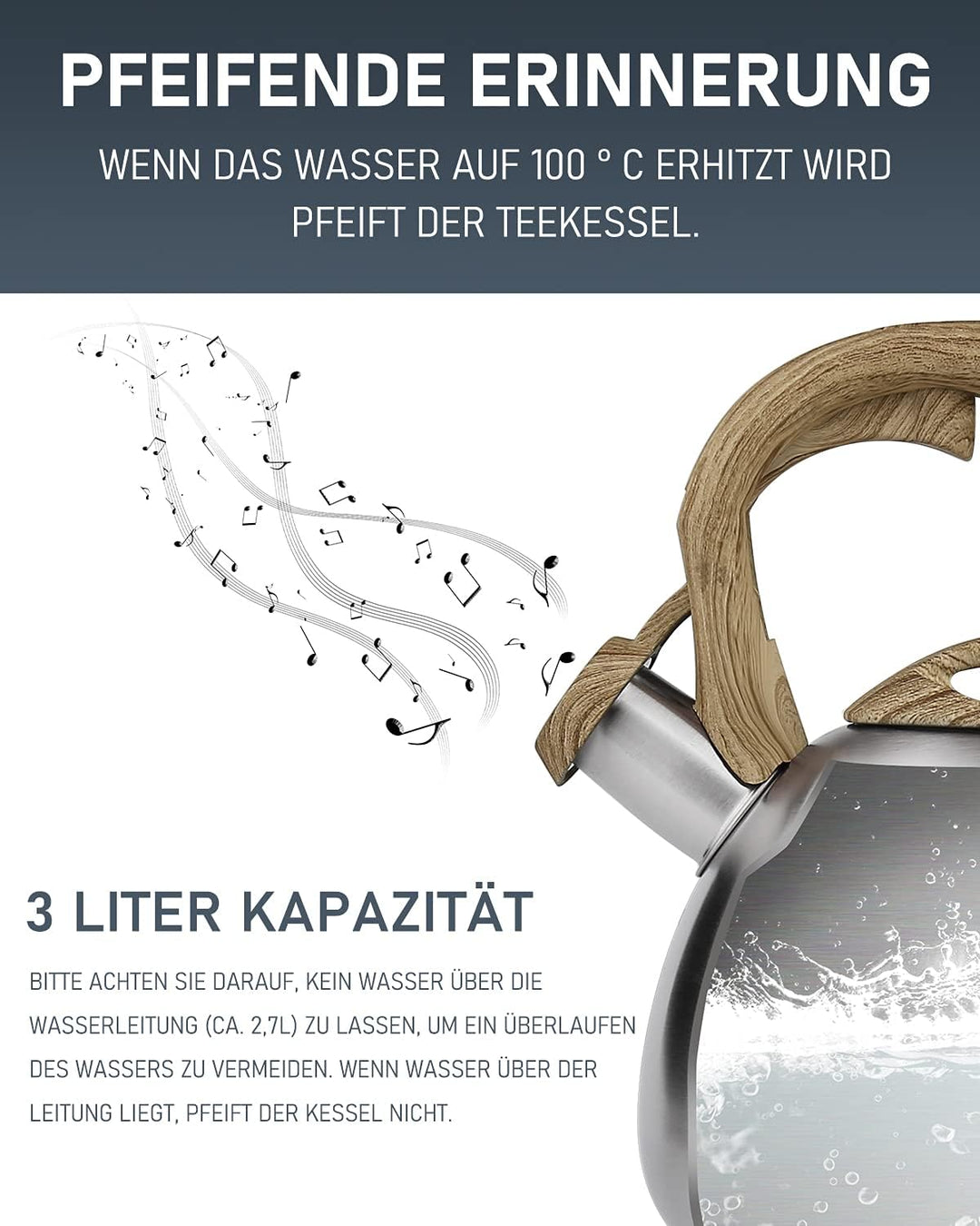 Poliviar Wasserkessel Induktion, Teekessel Induktion Edelstahl Pfeifkessel, Teekessel für alle Kochp