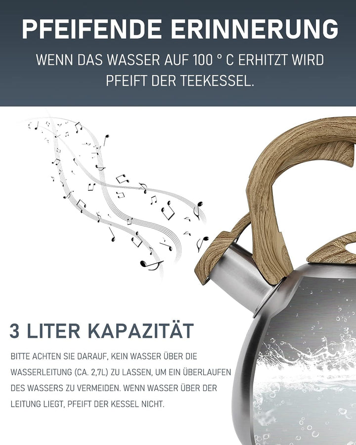 Poliviar Wasserkessel Induktion, Teekessel Induktion Edelstahl Pfeifkessel, Teekessel für alle Kochp