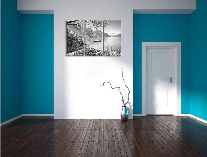 Pixxprint Genfer See im Sonnenschein / 3-Teilig/Gesamtmass 120cm Leinwandbild bespannt auf Holzrahme