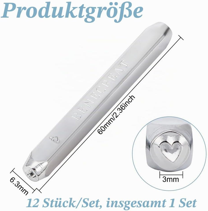 BENECREAT 12 Stück 3mm Metallstempel-Set, Herz-Stern-Muster Design Schnitzerei Prägestempel für Meta