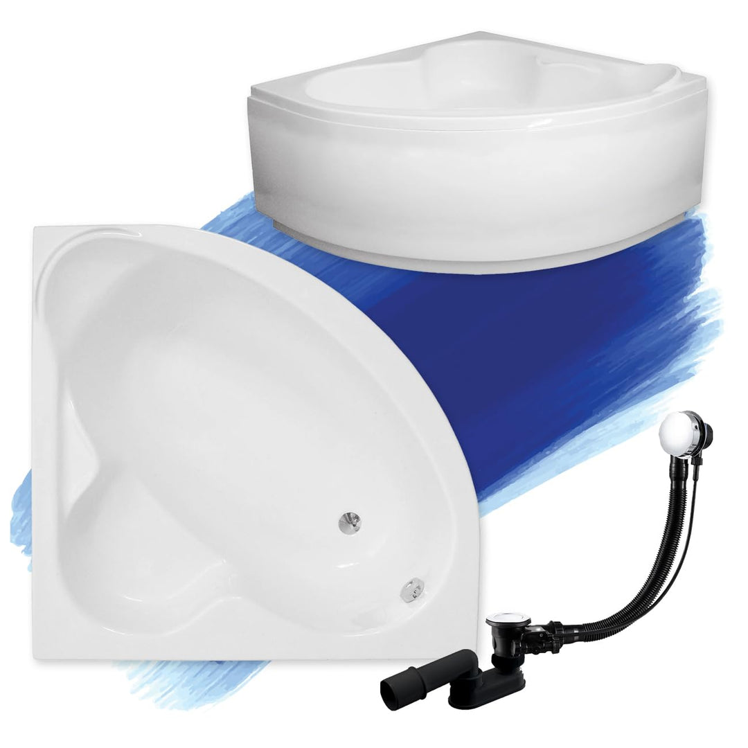 BADLAND Badewanne Original Weiss Acryl Wanne Eckbadewanne STANDARD 130x130 KOMPLETTSET SET mit Weiss