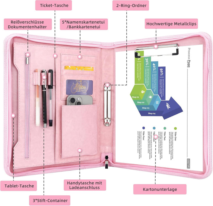 Schreibmappe 2 Ringbuch A4 Konferenzmappe Reissverschluss Leder Wasserdicht Organizer Mappe Dokument