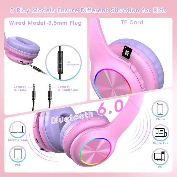 6.0 Bluetooth Kinder Kopfhörer, Kabellose Kinderkopfhörer mit LED-Leuchten, HD-Mikrofon, 85h Spielze