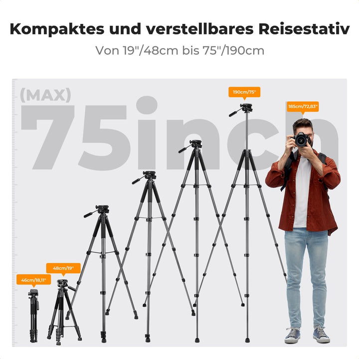 K&F CONCEPT Kamerastativ S255A3+BV01,Leichtes Stativ mit Tasche,190cm Handystativ,Tripod für Canon N
