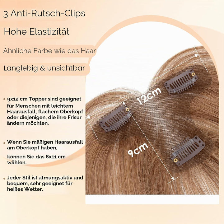 S-noilite Echthaar Toupets für Frauen Hellbraun - 9x12cm T-Sharp Haar Toppers Clip in Haarteile Echt
