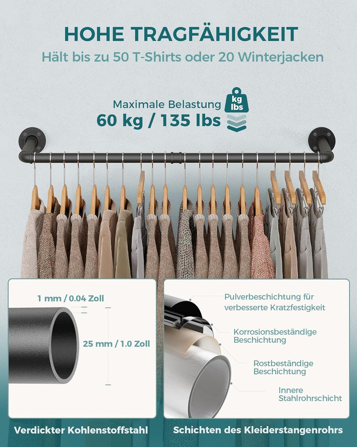 OROPY Industrieller Stil Rohr-Kleidergestell 2er Set, an der Wand befestigte abnehmbare Retro- Metal