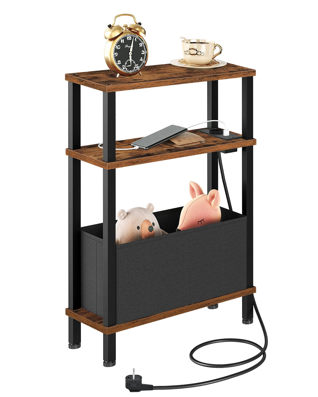 3-stufiger schmaler Beistelltisch mit Ladestation für kleine Räume, Nachttisch mit herausnehmbarer S