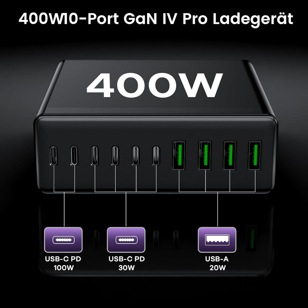 USB C Ladegerät Mehrfach: 400W 10-Port Schnellladegerät mit USB-C und USB-A, USB c Netzteil für iPho