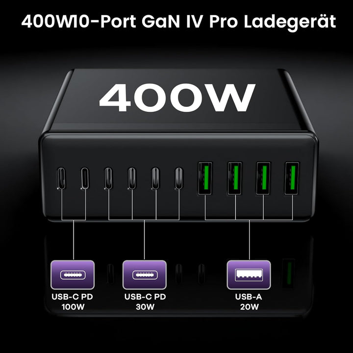 USB C Ladegerät Mehrfach: 400W 10-Port Schnellladegerät mit USB-C und USB-A, USB c Netzteil für iPho