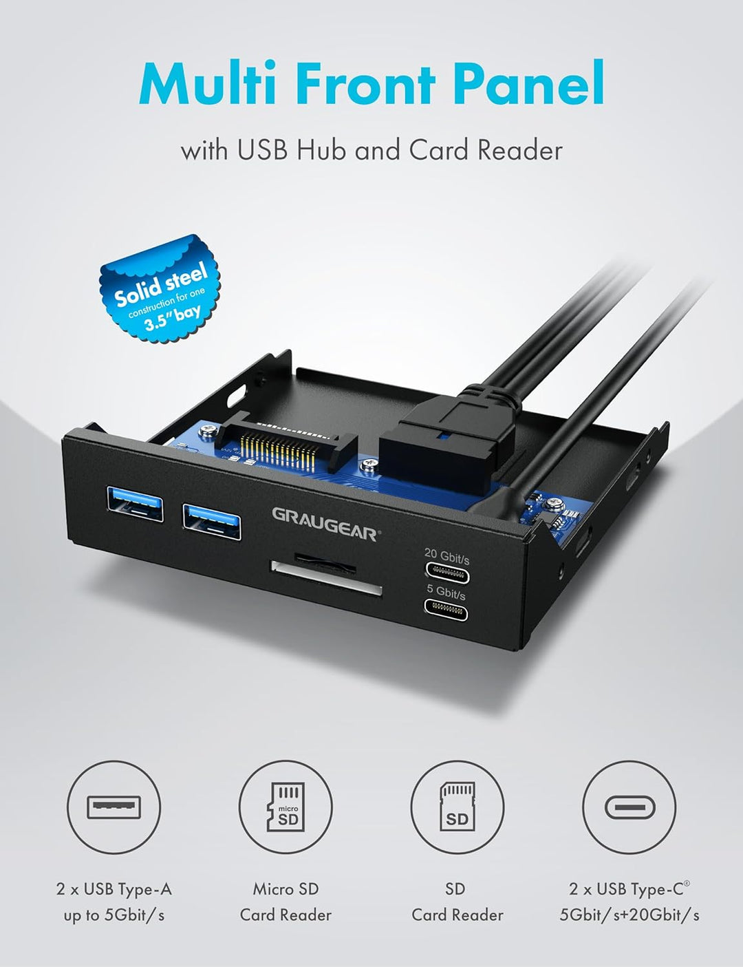 GRAUGEAR | 6-Schnittstellen Front-Panel in 3,5 Zoll | USB3.2 Gen2 2x2 Typ-C bis zu 20Gbit/s | 2xUSB-