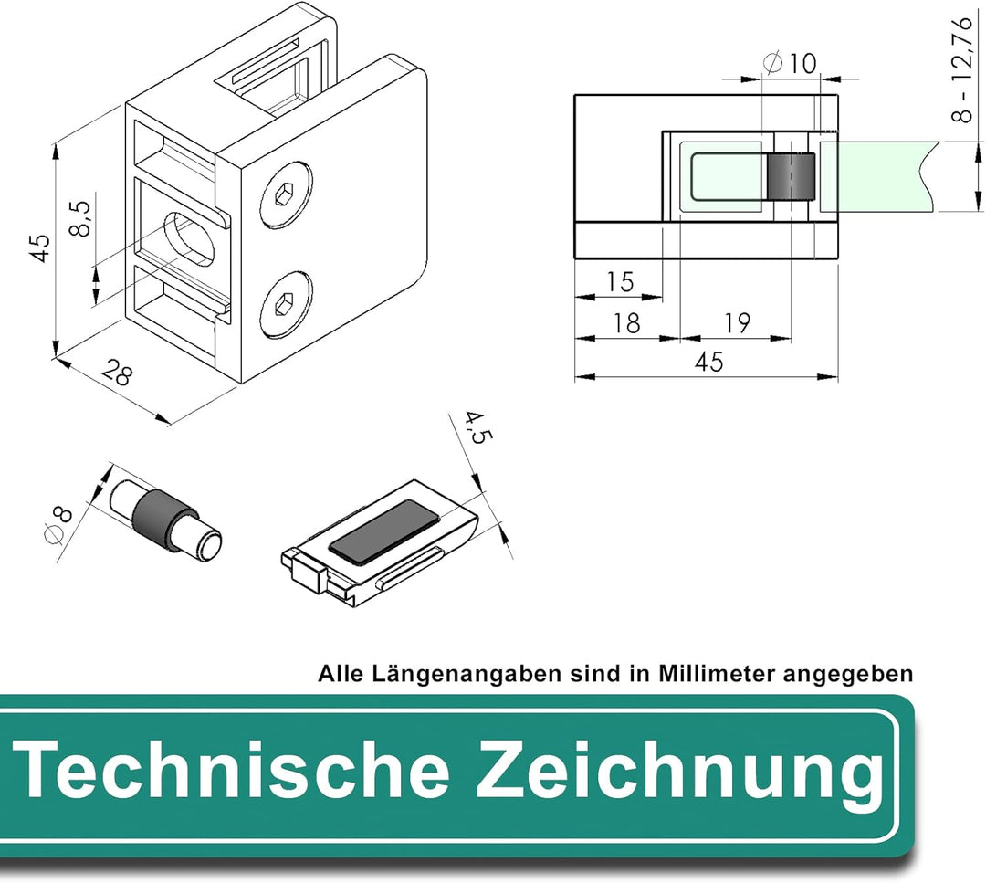 PRIOstahl Glashalter 4 Stück Glasklemmen Klemmhalter Glasplattenhalter mit Sicherungsplatte + Sicher