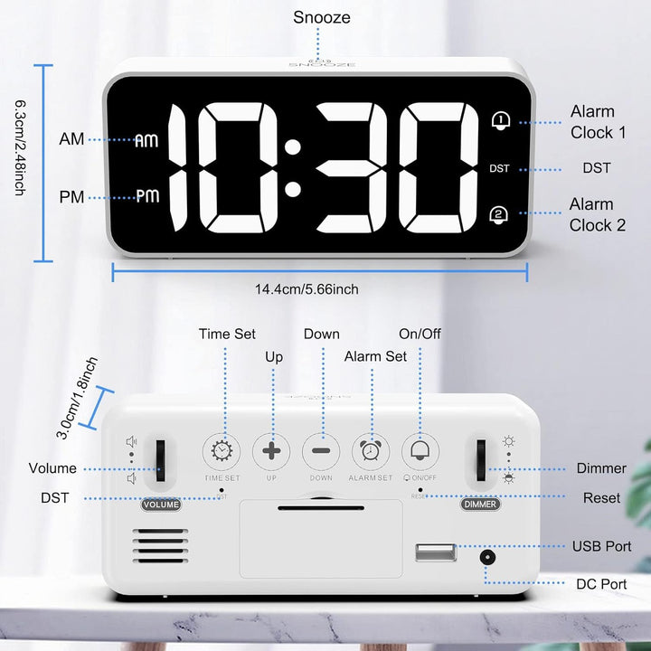 LATEC Wecker Digital, LED Digitaler Wecker mit 2 Alarme Snooze, Digital Uhr mit USB-Ladeanschluss, 0