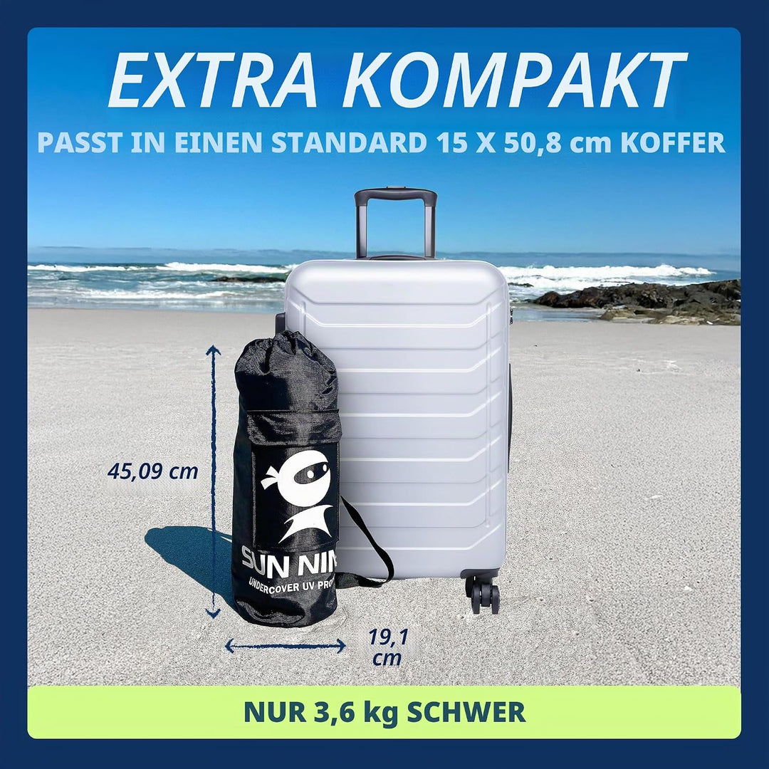 SUN NINJA Strandzelt, Sonnensegel LSF 50+, mit Sandschaufel, Heringen und Stabilitätsstangen, Schatt