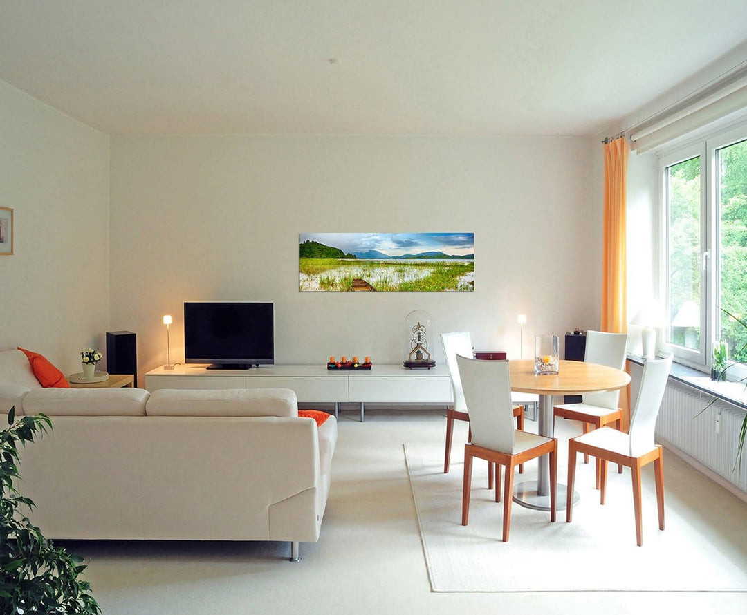 Paul Sinus Art Panoramabild auf Leinwand und Keilrahmen 150x50cm See Gras Boot Berge Landschaft Dämm