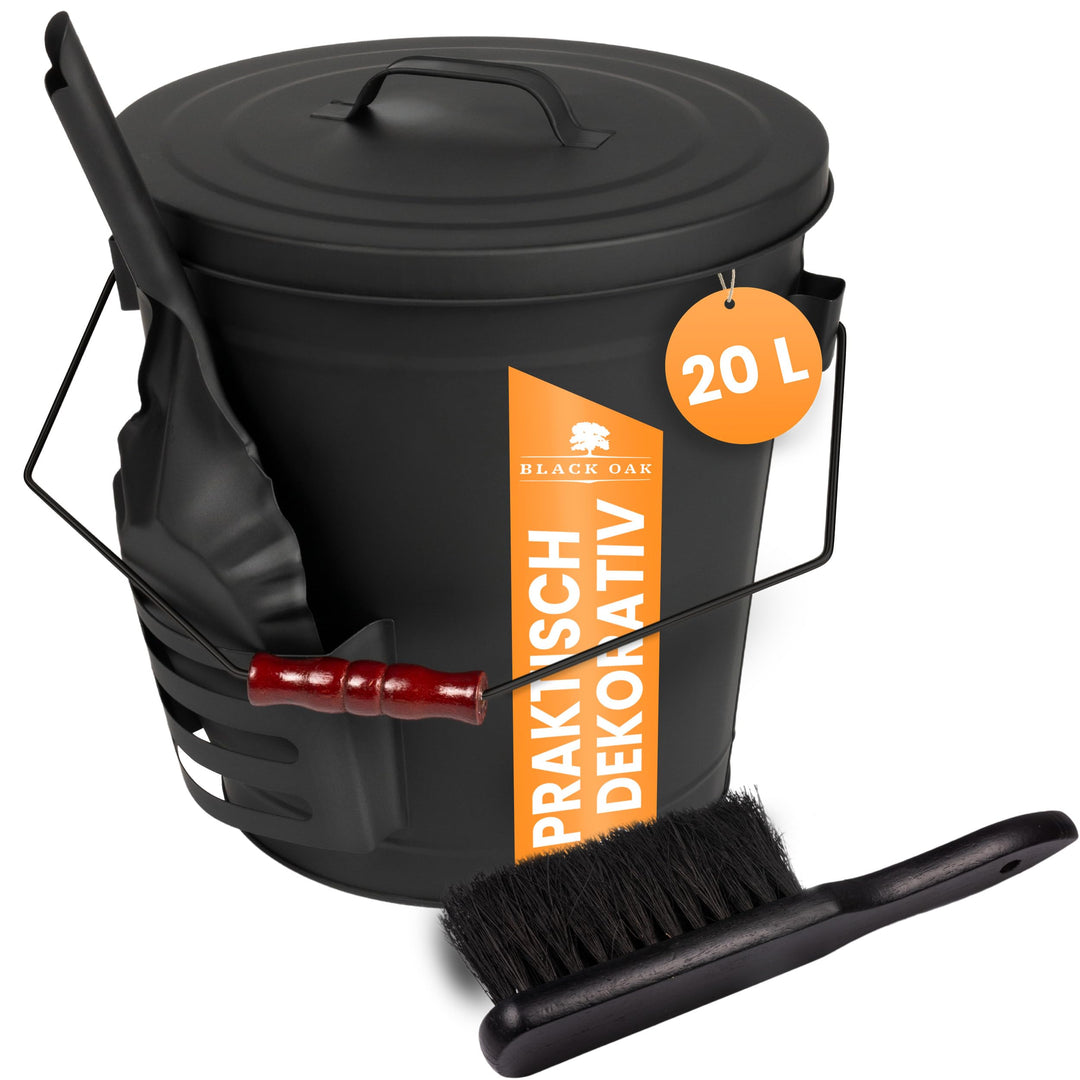 BLACK OAK Ascheeimer Stromboli 20L – schwarz mit Deckel Schaufel &amp; Besen Bügel schwarz gross 20 Lite