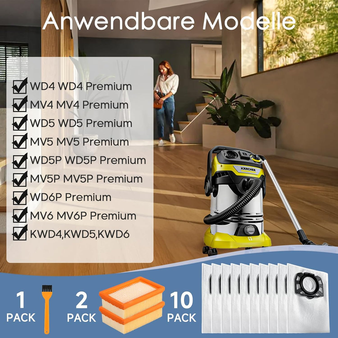 10 Staubsaugerbeutel mit 2 Filter für Kärcher WD6 WD5 WD4 WD5P WD6P MV4 MV5 MV6 Staubsauger KFI 487