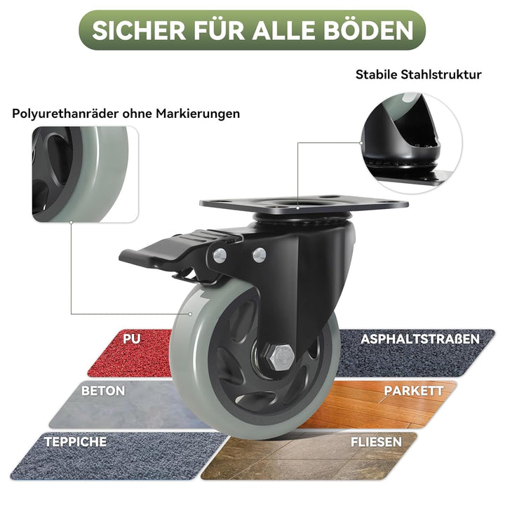 BAOLIHUI 100mm Graue Schwerlastrollen - 4er Set Lenkrollen mit Bremsen bis 600KG inkl. Montagezubehö