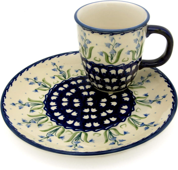 Bunzlauer Frühstücks-Set mit einem Becher 260 ml und einem Teller 21,5 cm (Dekor Campanula, Becher M