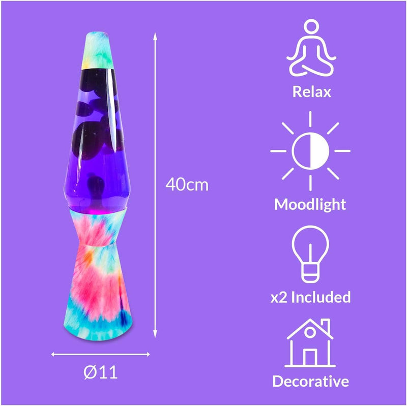 FISURA - "Tie Dye Lavalampe. Mehrfarbige Basis, lila Flüssigkeit und lila Lava. Lavalampe mit Ersatz