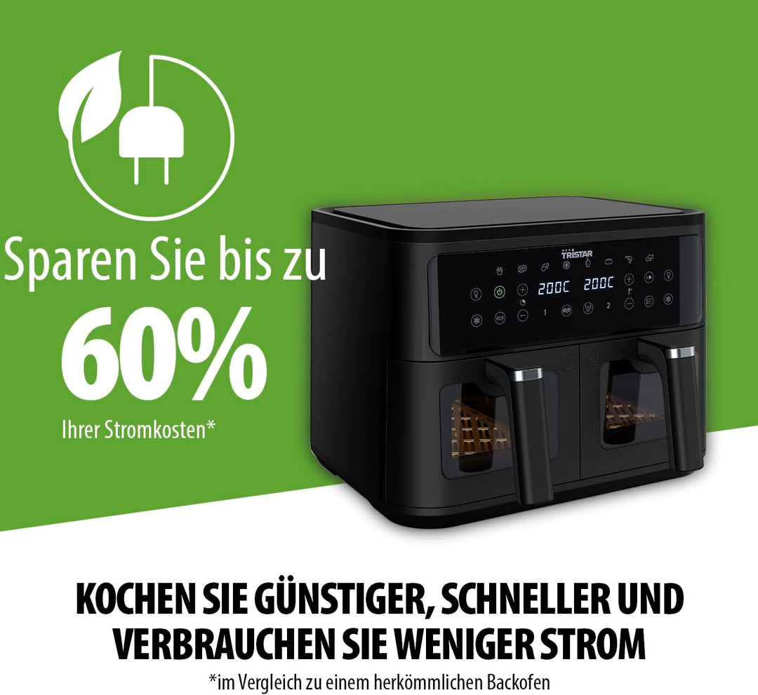 Tristar Doppelkorb-Heissluftfritteuse, 9 L Kapazität, 10 Programme, Sync-Funktion, Digitales Display
