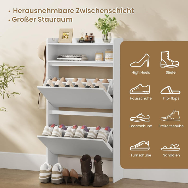 Asgolion Schuhschrank 2 Klappen, Schuhregal, offenes Fach, Schuhkommode Schuhregal mit Trennwände ve