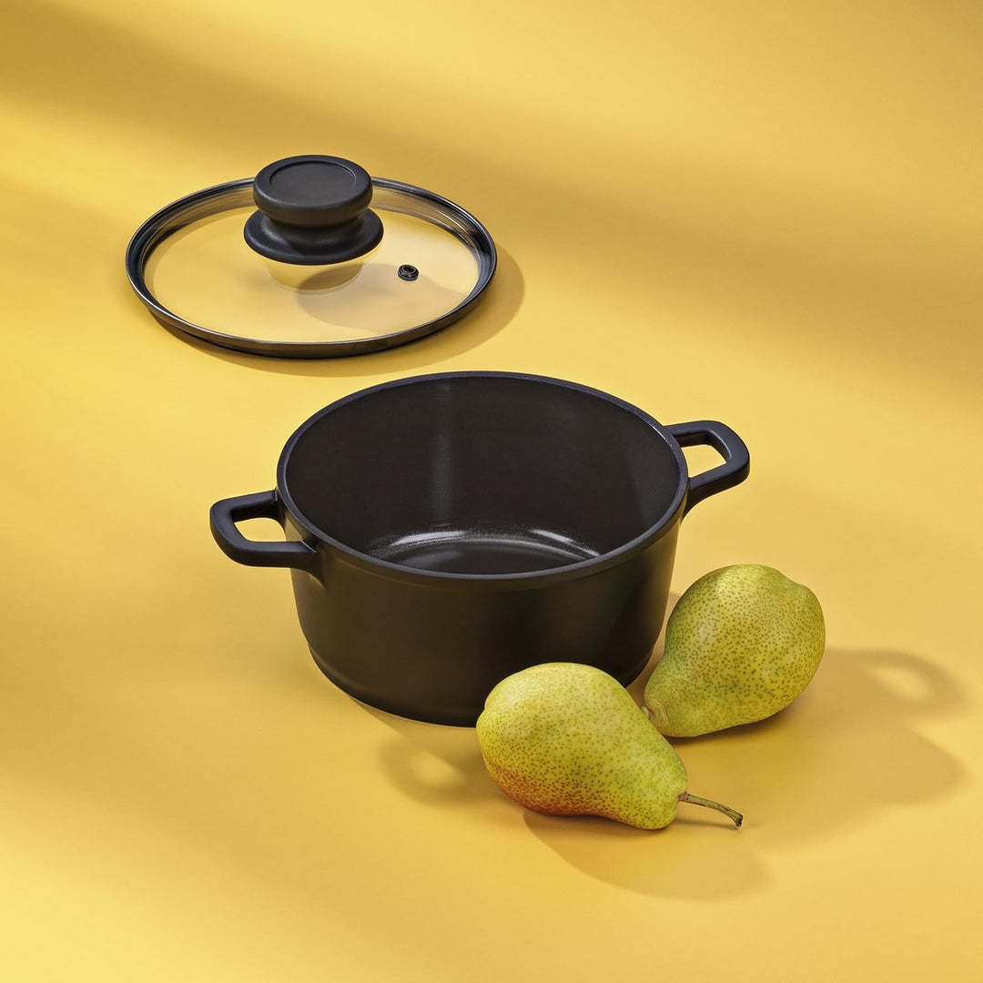 kela Fleischtopf 16 cm mit Glasdeckel ATURA, Kochtopf klein 1 Liter, Topf Induktion, Aluguss keramis