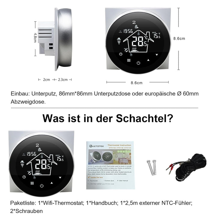 KETOTEK Thermostat Elektrische Fussbodenheizung WLAN 230V 16A, WiFi Raumthermostat Fussbodenheizung
