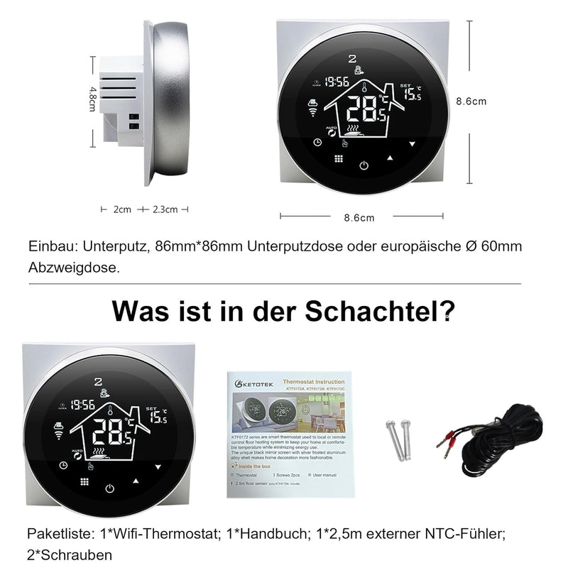 KETOTEK Thermostat Elektrische Fussbodenheizung WLAN 230V 16A, WiFi Raumthermostat Fussbodenheizung