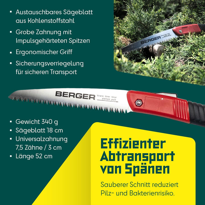 Berger Klappsäge 64650 aus Kohlenstoffstahl mit austauschbarem Sägeblatt, Länge: 18 cm Klappsäge 180