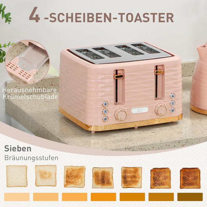 HOMCOM Wasserkocher Toaster Set Frühstück-Set mit 1,7L Wasserkocher, 4 Scheiben Toaster, 2200 W, 7 B