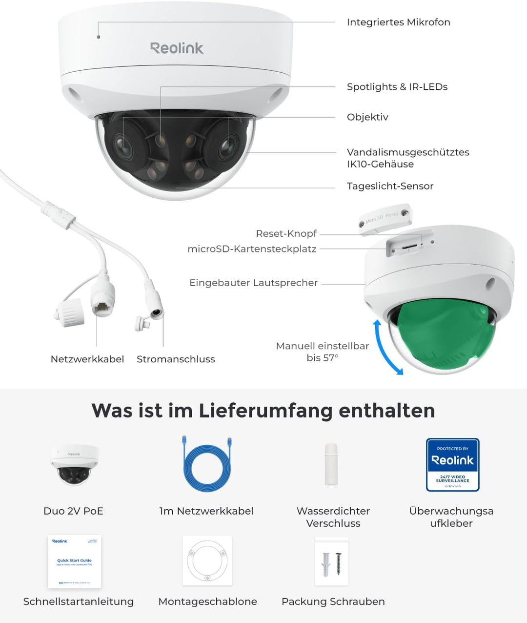 Reolink 4K 8MP 180° Dual-Objektiv PoE IP-Kamera, IK10 Vandalismusschutz, Personen-/Fahrzeug-/Tiererk