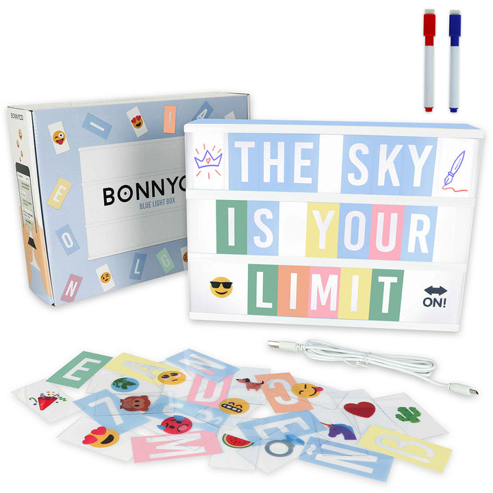 BONNYCO Light Box Blau A4 mit 400 Buchstaben, Emojis, 2 Stifte, USB, Ä Ö Ü ss Enhalten. Blaue LED Li